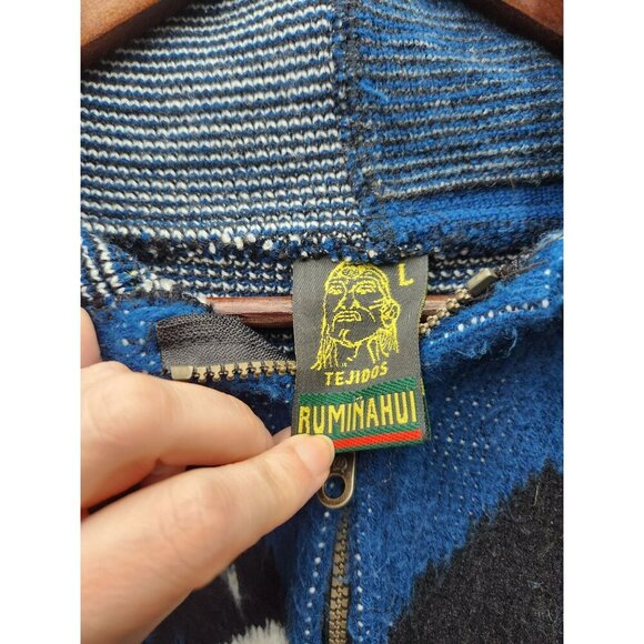 Handcrafted Blue Wool Blend Zip-Up Hoodie With Eagle Design Drawstring Hem - Picture 2 of 7